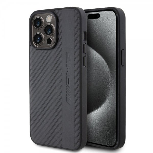 Mercedes Benz iPhone 15 Pro Max Skal Carbon Effect Leather Stripe AMG Svart