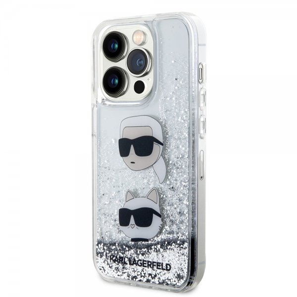 Karl Lagerfeld iPhone 15 Pro Max Skal Liquid Glitter Karl & Choupette Silver