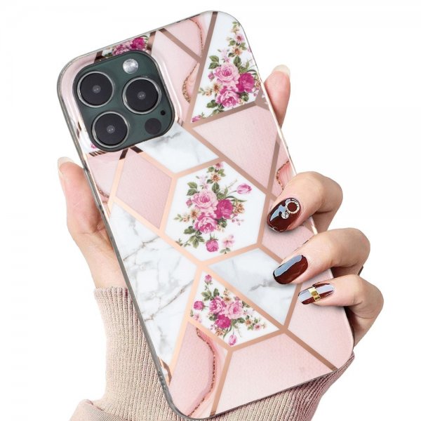 iPhone 15 Pro Max Skal Marmormönster Blommor Rosa