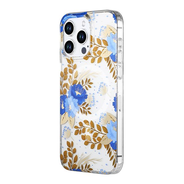 iPhone 15 Pro Skal Blommönster MagSafe Blå Guld