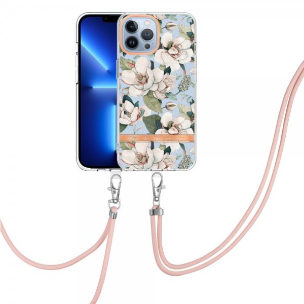 iPhone 15 Pro Skal Blommönster med Strap Grön Gardenia