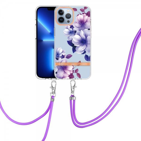 iPhone 15 Pro Skal Blommönster med Strap Lila Begonia