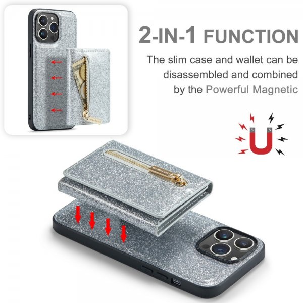 Dg.Ming iPhone 15 Pro Skal M3 Series Löstagbar Korthållare Glitter Silver