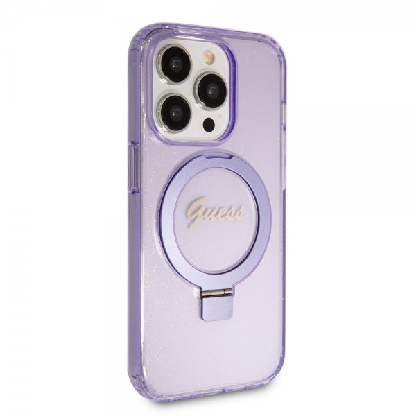 Guess iPhone 15 Pro Skal Ring Stand Glitter MagSafe Lila
