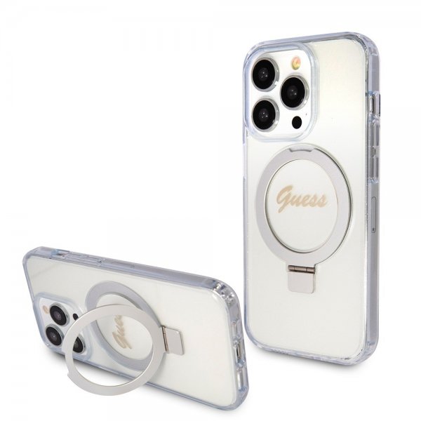 Guess iPhone 15 Pro Skal Ring Stand Glitter MagSafe Transparent