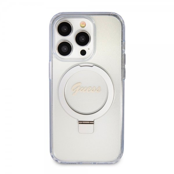 Guess iPhone 15 Pro Skal Ring Stand Glitter MagSafe Transparent