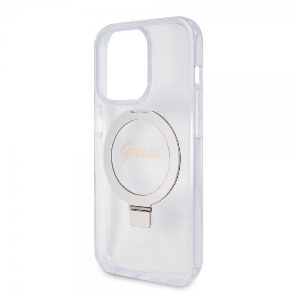 Guess iPhone 15 Pro Skal Ring Stand Glitter MagSafe Transparent