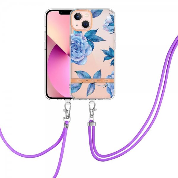 iPhone 15 Skal Blommönster med Strap Blå Pion