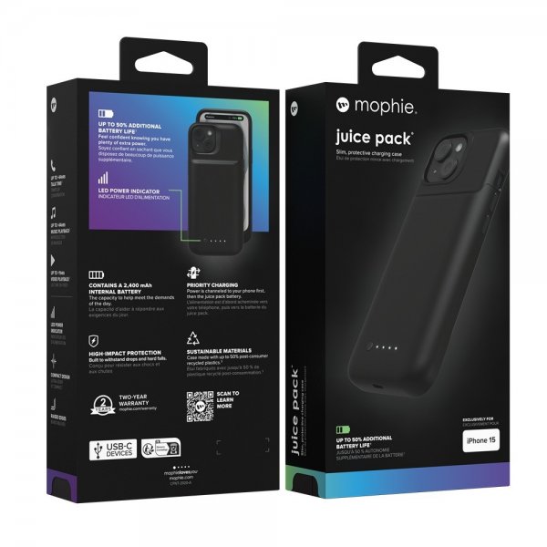 Mophie iPhone 15 Skal med inbyggd Powerbank Juice Pack Svart