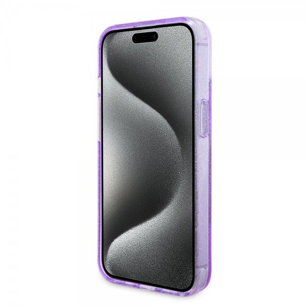 Guess iPhone 15 Skal Ring Stand Glitter MagSafe Lila