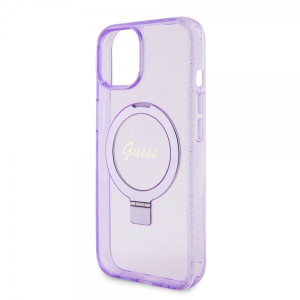 Guess iPhone 15 Skal Ring Stand Glitter MagSafe Lila