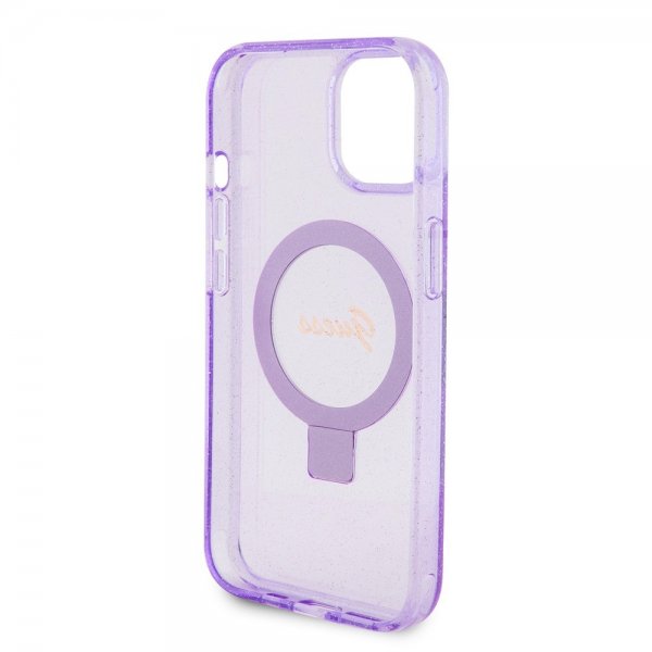 Guess iPhone 15 Skal Ring Stand Glitter MagSafe Lila