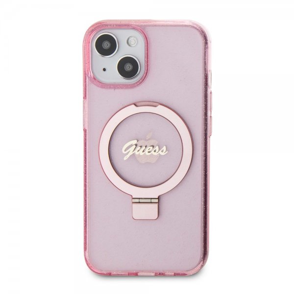 Guess iPhone 15 Skal Ring Stand Glitter MagSafe Rosa