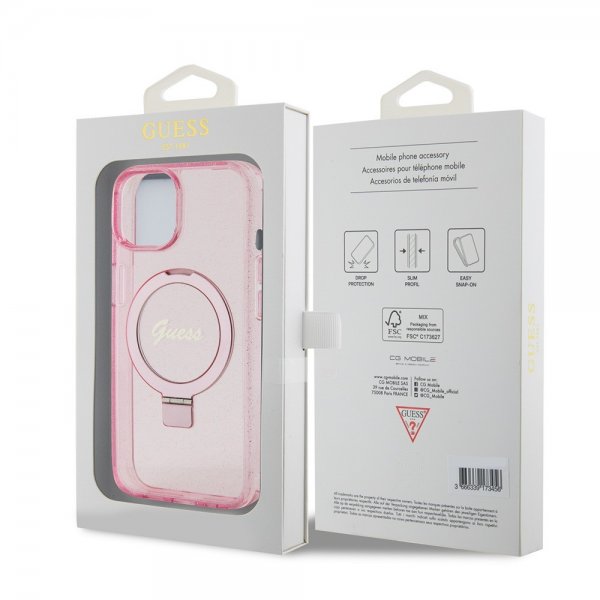 Guess iPhone 15 Skal Ring Stand Glitter MagSafe Rosa