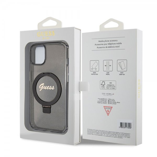 Guess iPhone 15 Skal Ring Stand Glitter MagSafe Svart