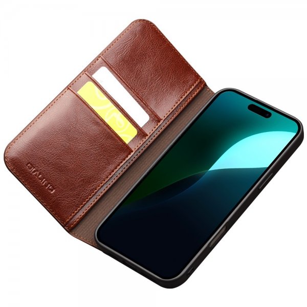 Qialino iPhone 16 Fodral Äkta Läder Brun