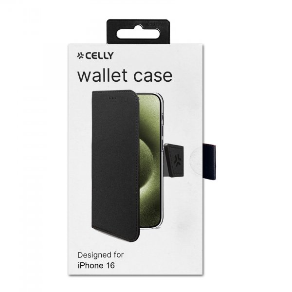 Celly iPhone 16 Fodral Wally Wallet Case Svart