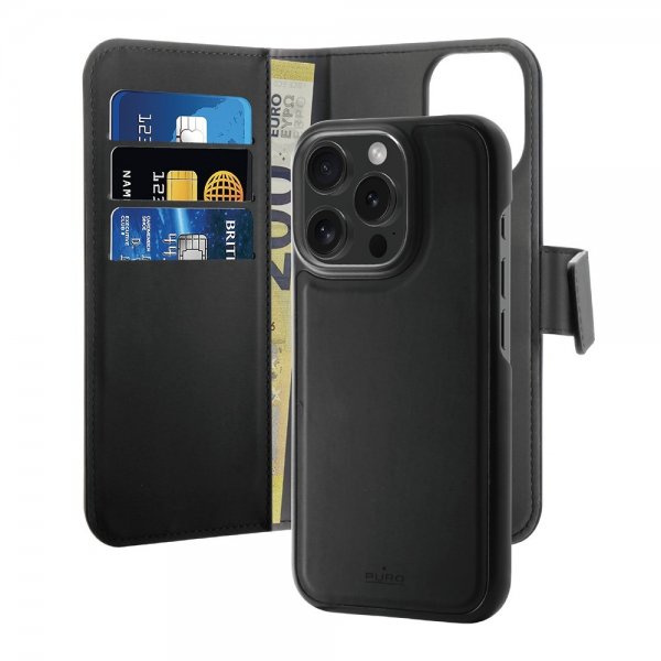 Puro iPhone 16 Pro Fodral Wallet Detachable 2 in 1 Svart