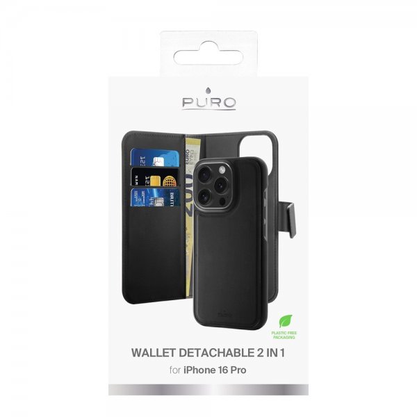 Puro iPhone 16 Pro Fodral Wallet Detachable 2 in 1 Svart