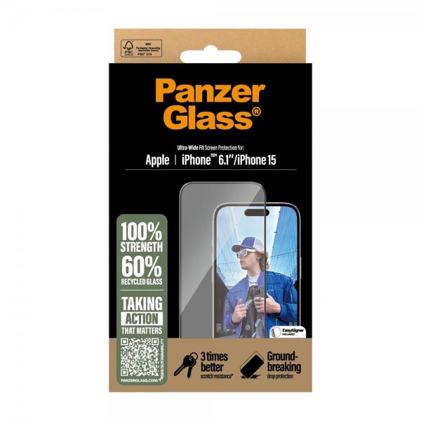 PanzerGlass iPhone 15/iPhone 16 Skärmskydd Ultra-Wide Fit EasyAligner