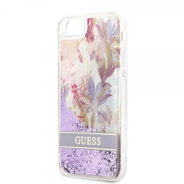Guess iPhone 7/8/SE Skal Liquid Glitter Flower Pattern Lila