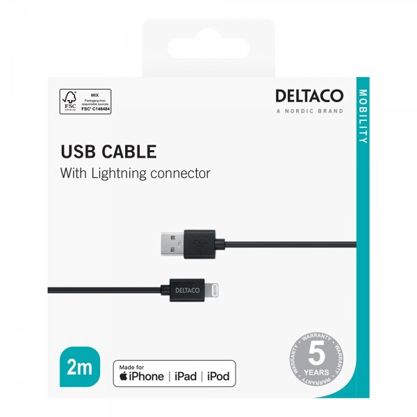 Deltaco Kabel USB-A Cable with Lightning Connector 2m Svart