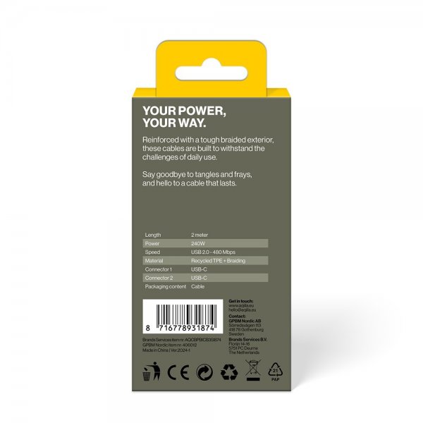 Aqiila Kabel Cablebird CB12 USB-C till USB-C 240W 2m Svart