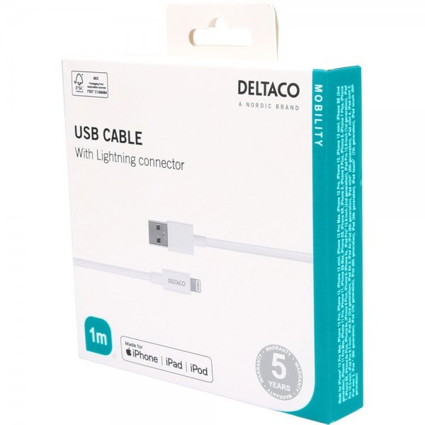 Deltaco Kabel USB-A Cable with Lightning Connector 1m Vit