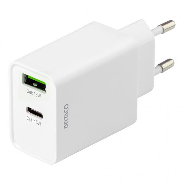 Deltaco Laddare 18W USB-C PD & USB-A Vit