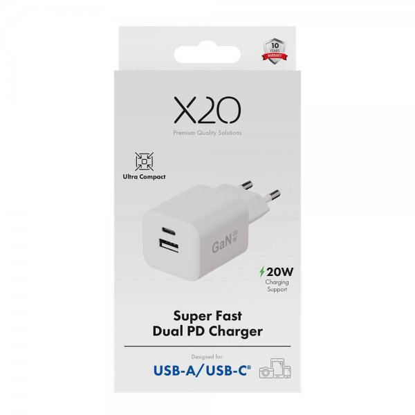 X2O Laddare 20W Dubbel USB-C/USB-A GaN Vit