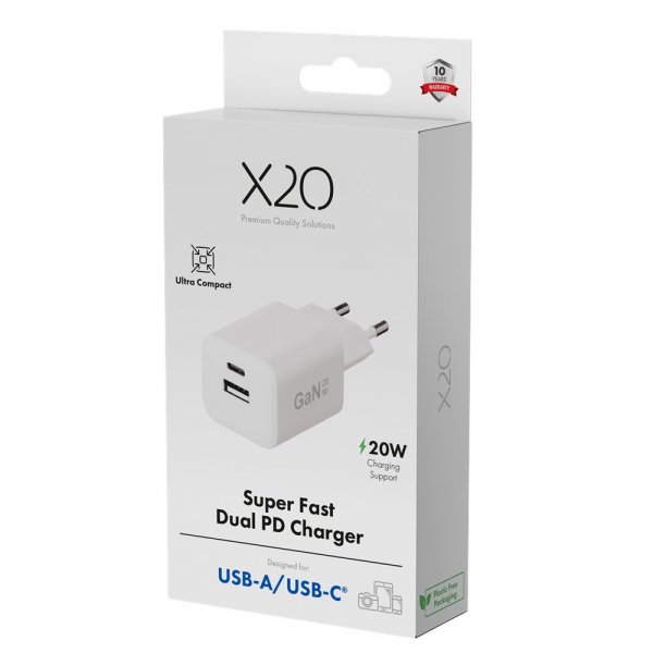 X2O Laddare 20W Dubbel USB-C/USB-A GaN Vit