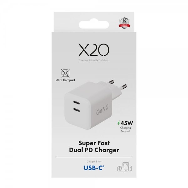 X2O Laddare 45W Dubbel USB-C/USB-C GaN Vit