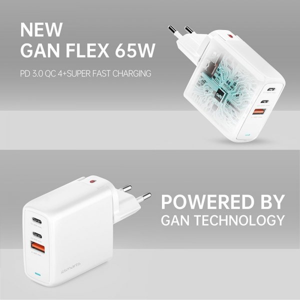4smarts Laddare GaN Flex 65W 2 USB-C+1 USB-A