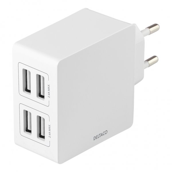 Deltaco Laddare med 4 USB-A uttag 24W Vit