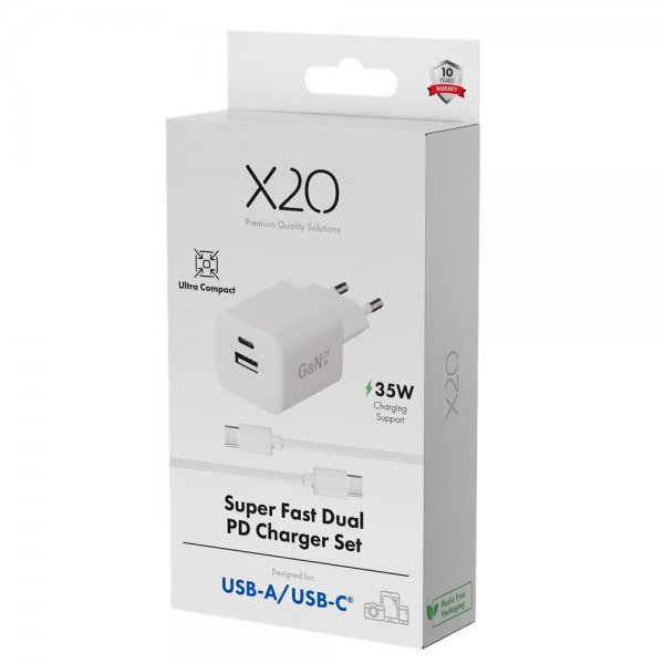 X2O Laddare med Kabel 1.2m 35W USB-C/USB-A GaN Vit