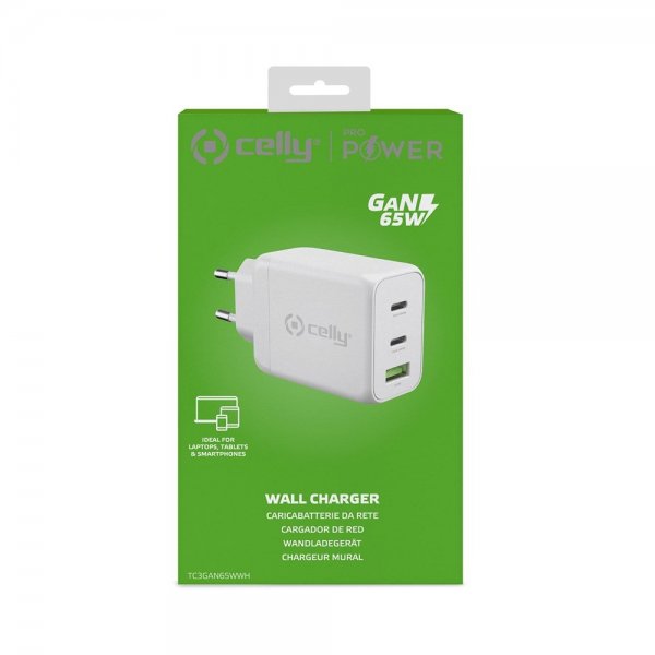 Celly Laddare TC3GAN65W 2xUSB-C/USB-A GaN 65W Vit