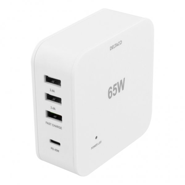 Deltaco Laddare USB-C PD 45W & USB-A 18W Snabbladdning Vit