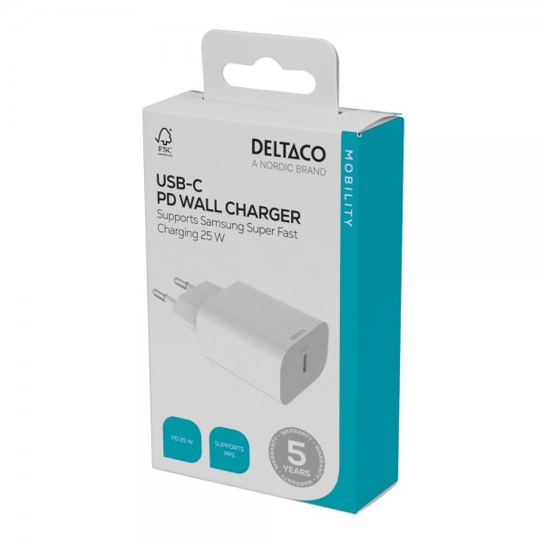 Deltaco Laddare USB-C PD Wall Charger 25W Vit