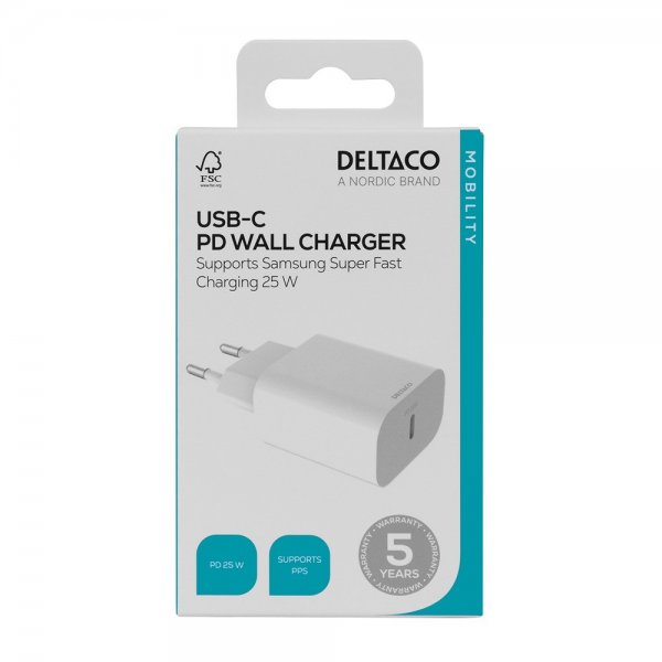 Deltaco Laddare USB-C PD Wall Charger 25W Vit