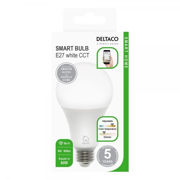 Deltaco Smart Home LED-lampa E27 WiFi 9W