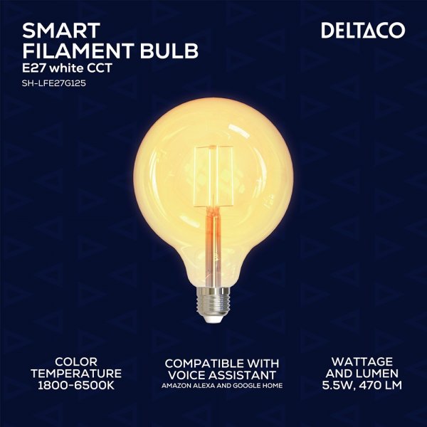 Deltaco Smart Home LED-lampa Filament E27 WiFi G125 5.5W