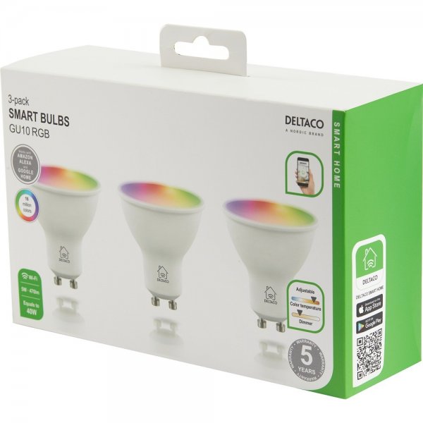Deltaco Smart Home LED-lampa GU10 WiFi 5W RGB 3-pack