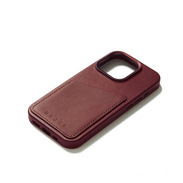 Mujjo iPhone 15 Pro Skal Full Leather Wallet Case MagSafe Burgundy
