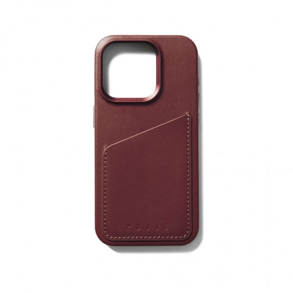 Mujjo iPhone 15 Pro Skal Full Leather Wallet Case MagSafe Burgundy