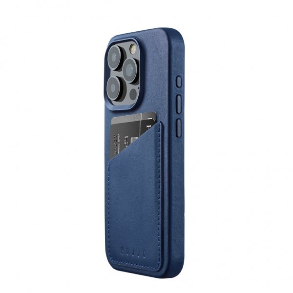 Mujjo iPhone 15 Pro Skal Full Leather Wallet Case MagSafe Monaco Blue