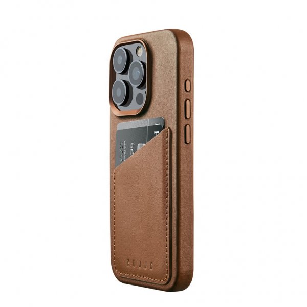 Mujjo iPhone 15 Pro Skal Full Leather Wallet Case MagSafe Dark Tan