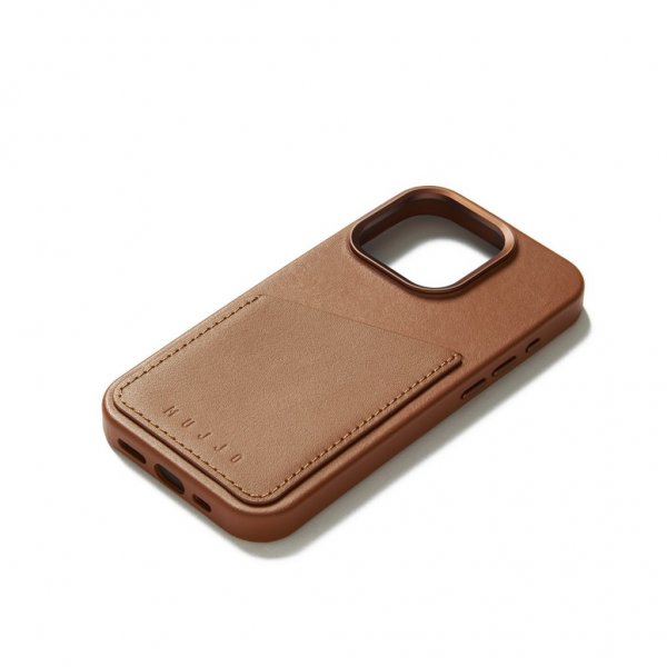 Mujjo iPhone 15 Pro Skal Full Leather Wallet Case MagSafe Dark Tan