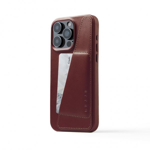 Mujjo iPhone 15 Pro Max Skal Full Leather Wallet Case MagSafe Burgundy