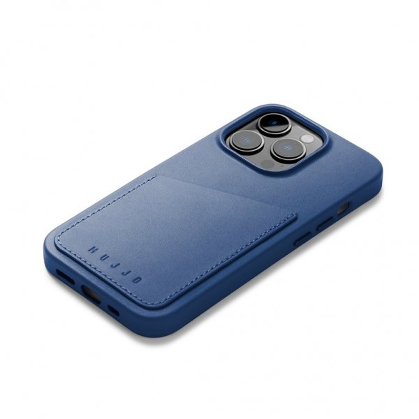 Mujjo iPhone 14 Pro Skal Full Leather Wallet Case Monaco Blue