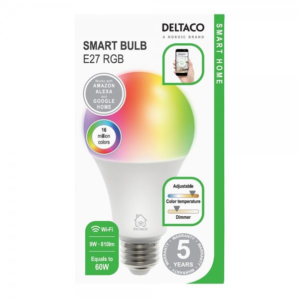 Deltaco Smart Home RGB LED-lampa E27 WiFi 9W